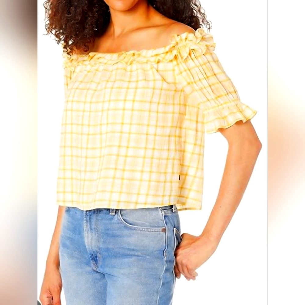 Tommy Hilfiger Yellow and White Ruffled Short Sleeve Blouse